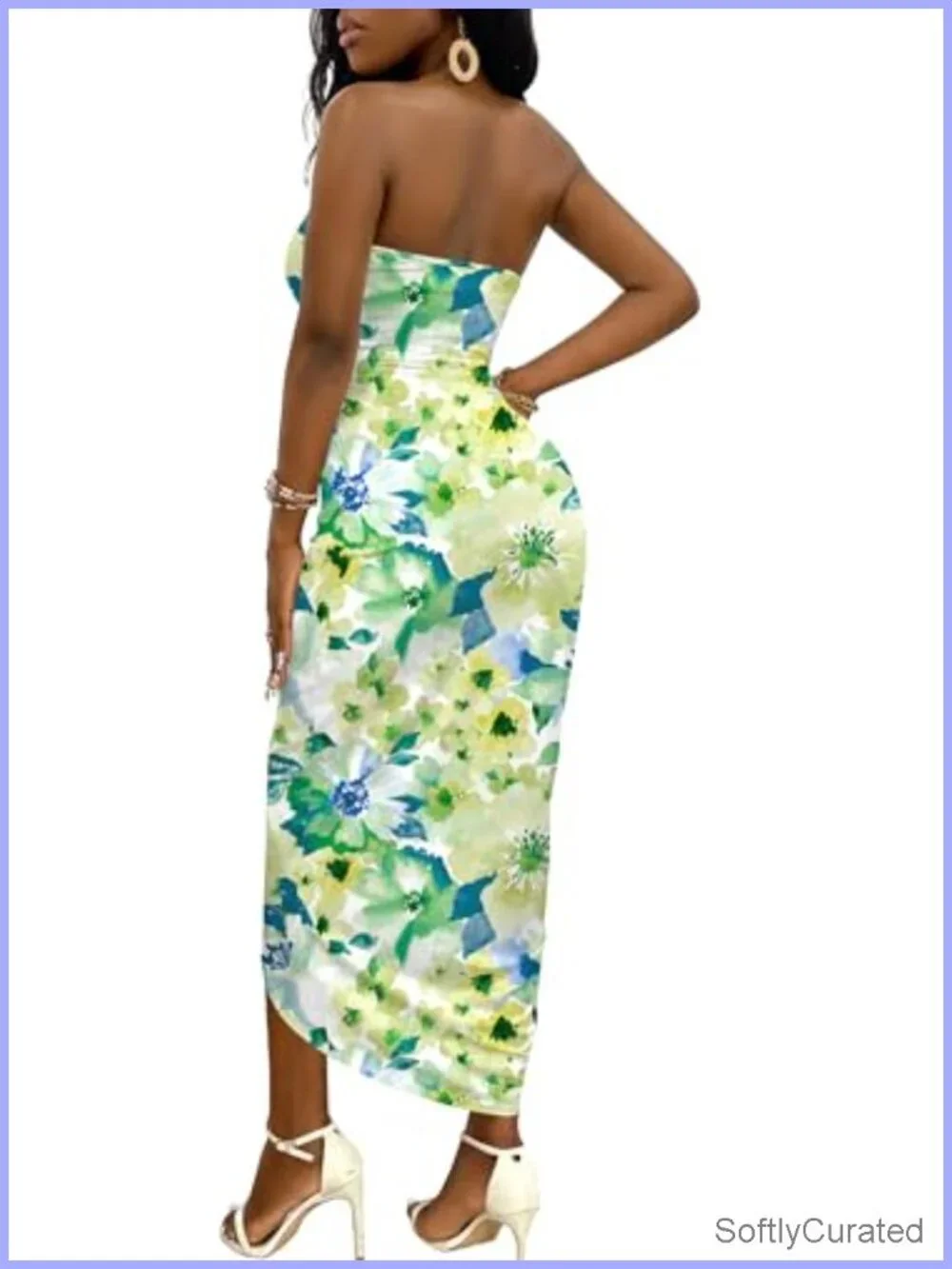 Strapless Ruched High Waist Wrap Maxi Dress with Split